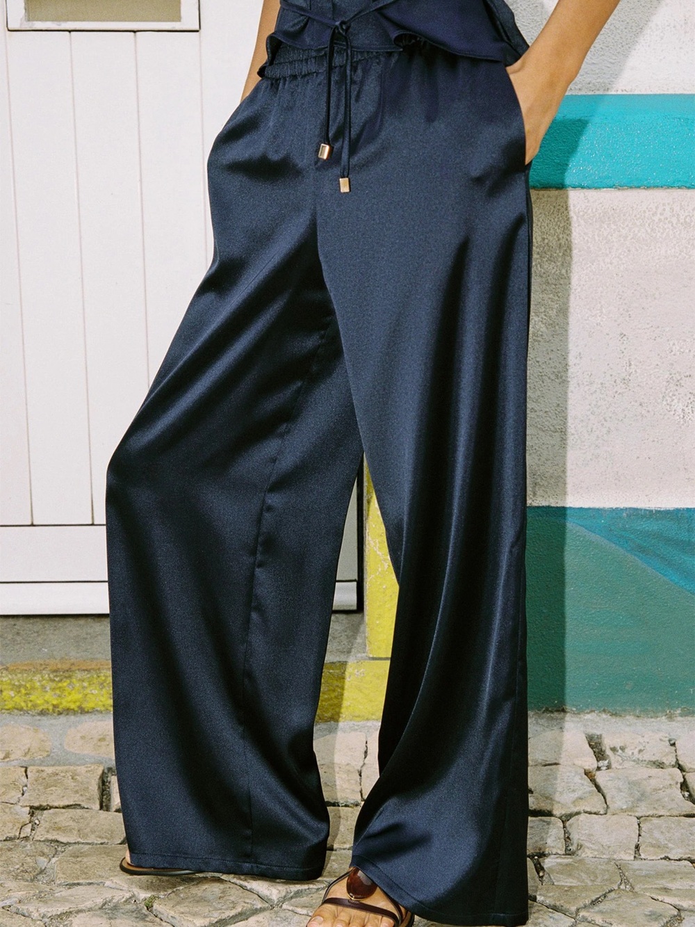 Zara Satin Midnight Blue Wide Leg Trousers